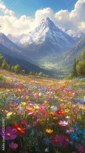 Vibrant wildflower meadow with snow-capped mountains in the background during...
