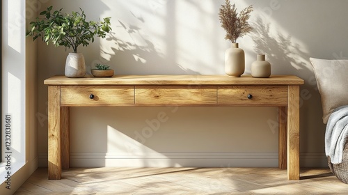 Wooden table with a drawer designed for modern interior spaces in natural woo...