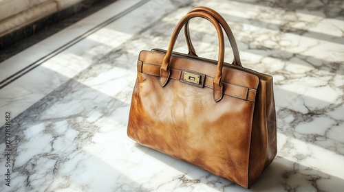 Stylish brown leather handbag resting on a marble surface in a well-lit indoo...