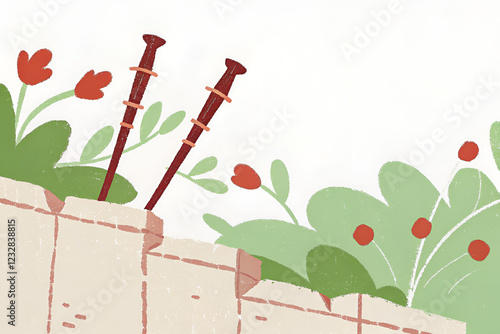 Stylized illustration of two wooden tools among colorful flowers in a minimalistic garden setting photo