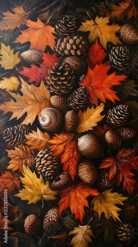 Vibrant autumn leaves and pinecones arranged on a dark background in an artis...