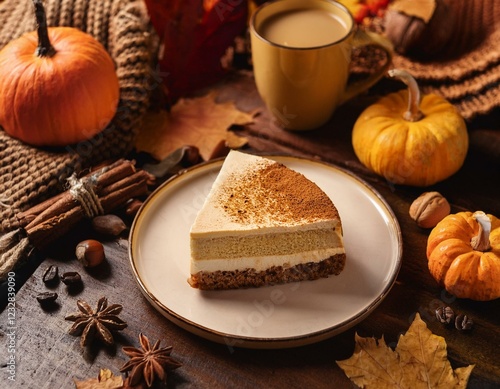 part de gâteau gourmand dans une assiette avec un café et une décoration d'automne, d'hiver ou de fêtes en ia photo