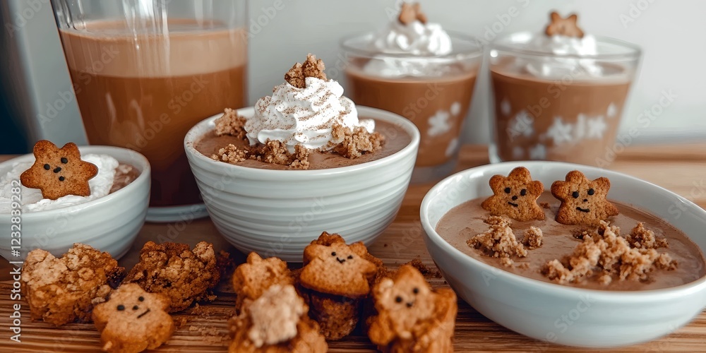 Chocolate Mousse Delight: Indulgent chocolate mousse, served in elegant bowls, topped with whipped cream and crunchy granola, decorated with adorable bear-shaped cookies. Chocolate Mousse Delight: Indulgent chocolate mousse, served in elegant bowls, topped with whipped cream and crunchy granola, decorated with adorable bear-shaped cookies.