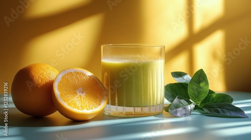 Fresh green smoothie with oranges and leaves on a vibrant background