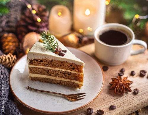 part de gâteau gourmand dans une assiette avec un café et une décoration d'automne, d'hiver ou de fêtes en ia photo