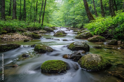 Tranquil forest stream nature photography lush green environment serene view