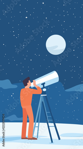 Man Observing Moon Through Telescope Under Starry Night Sky Illustration