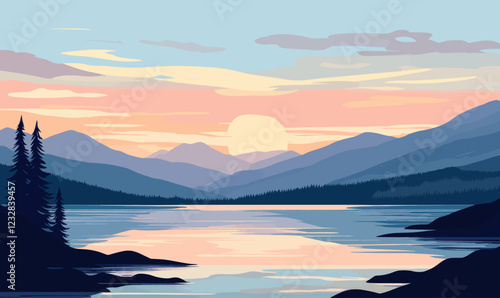 Mountain Lake Landscape at Dawn Minimalist Vector Illustration