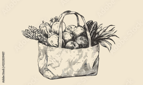 Minimalist Grocery Bag with Fresh Produce Hand-Drawn Vector Illustration