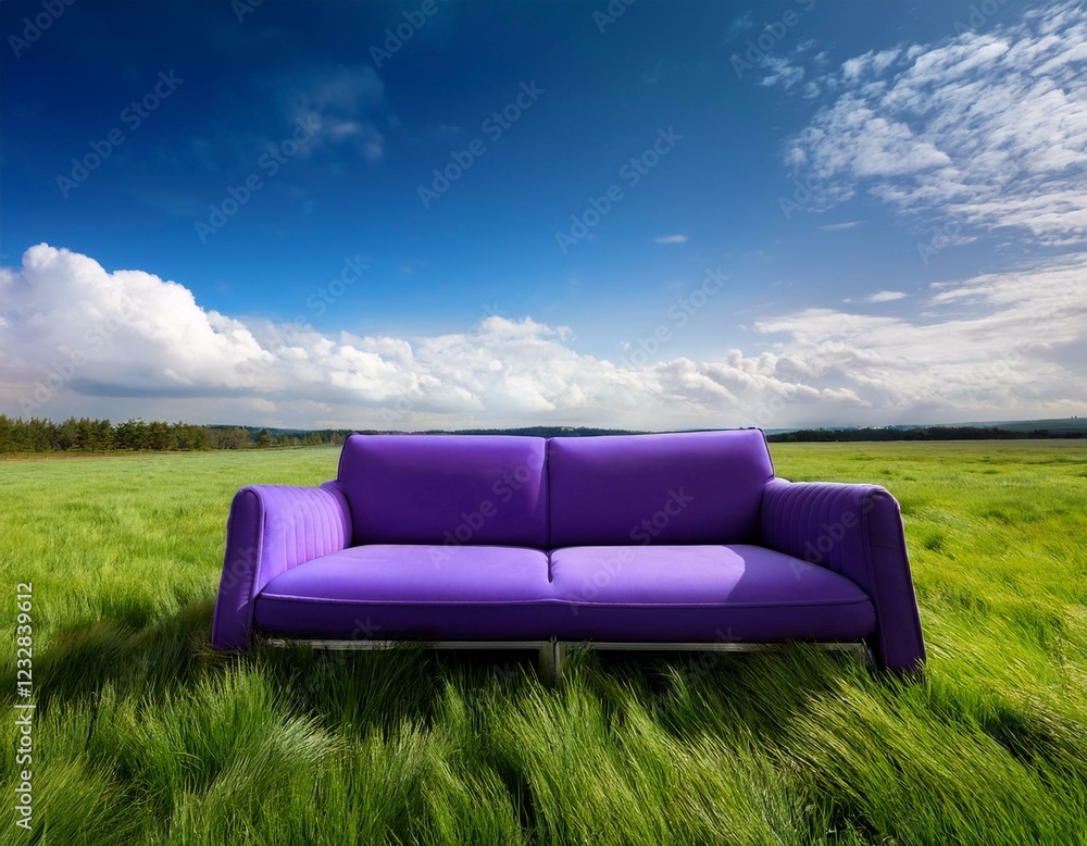 Fototapeta premium Un canapé violet posé dans une prairie d'herbe verte luxuriante, sous un ciel bleu avec des nuages blancs moelleux en arrière-plan en ia
