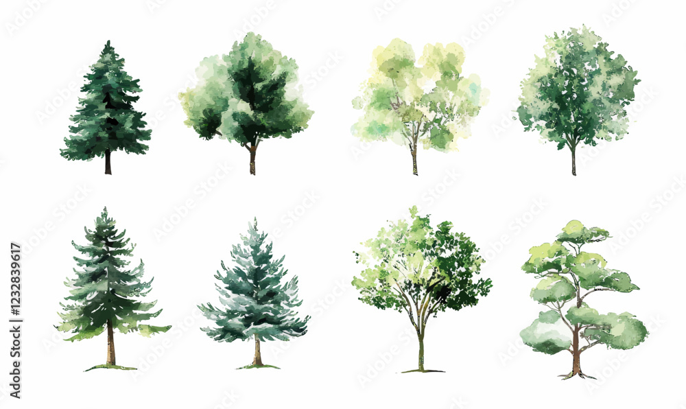 Fototapeta premium Watercolor Green Trees and Bushes Collection Minimalist Vector Illustration Set