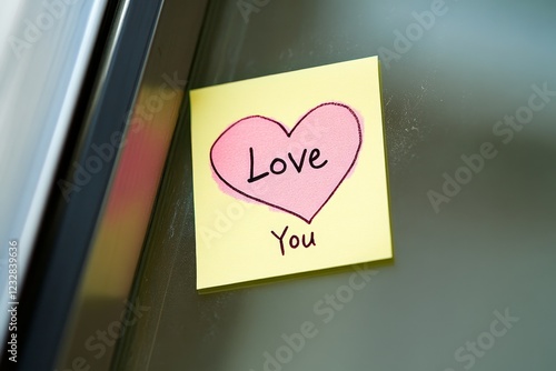 Sweet Pink Heart Sticky Note with Love You Message on Glass Surface photo