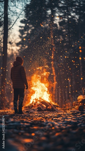 Person enjoys warmth of fire on snow-covered shore near mountains at twilight