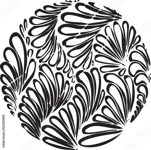 Circular black and white pattern. Floral texture composed of irregular geometric elements. Distressed uneven grunge background. Abstract vector illustration. 