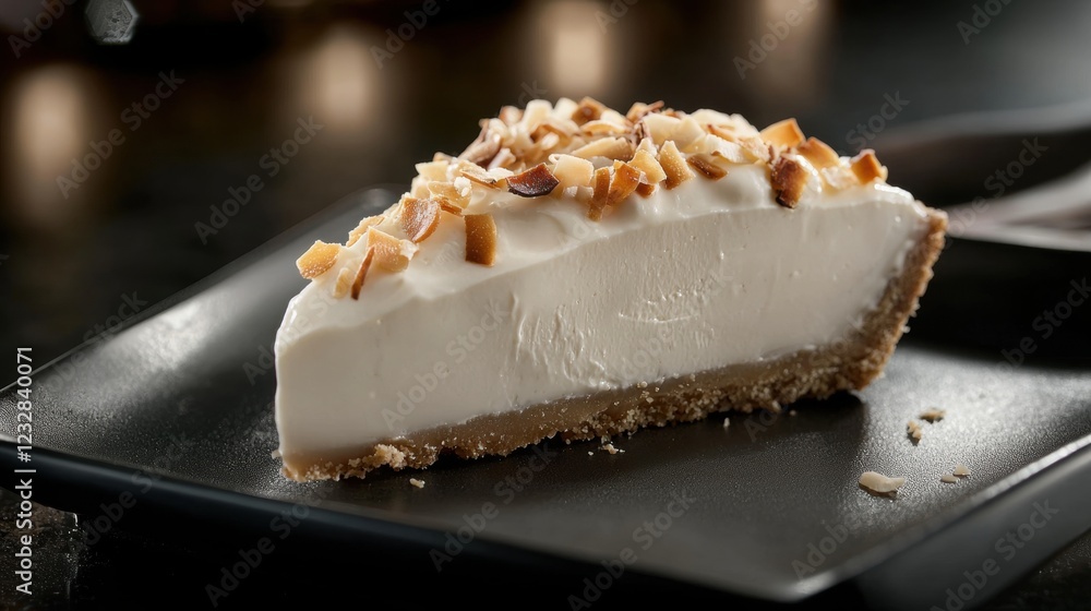 Slice of cheesecake on a black square plate. the cheesecake has a creamy white filling and is topped with toasted almonds. the plate is sitting on a dark countertop with a blurred background. Slice of cheesecake on a black square plate. the cheesecake has a creamy white filling and is topped with toasted almonds. the plate is sitting on a dark countertop with a blurred background.