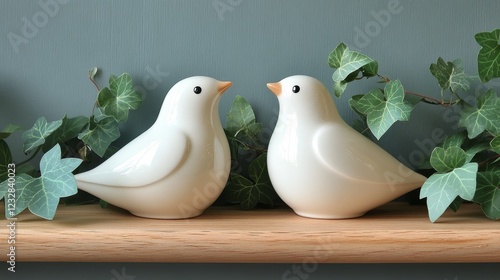 Ceramic birds on a wooden shelf surrounded by green ivy plant