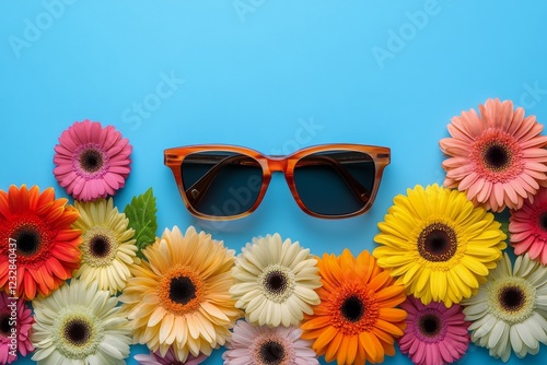 Vibrant flowers and stylish sunglasses on a bright blue background
