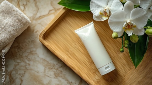 Elegant skincare products displayed on a bamboo tray with an orchid in a sere...