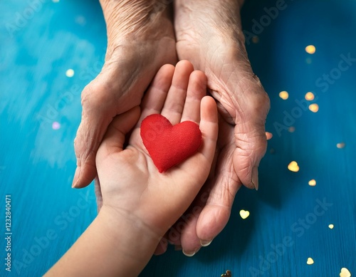 main d'une grande mère tenant un petit coeur dans sa main et la main de son petit fils en ia