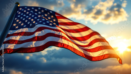 American flag waving against a backdrop of clouds and a sunset, showcasing red and white stripes with blue field and white stars