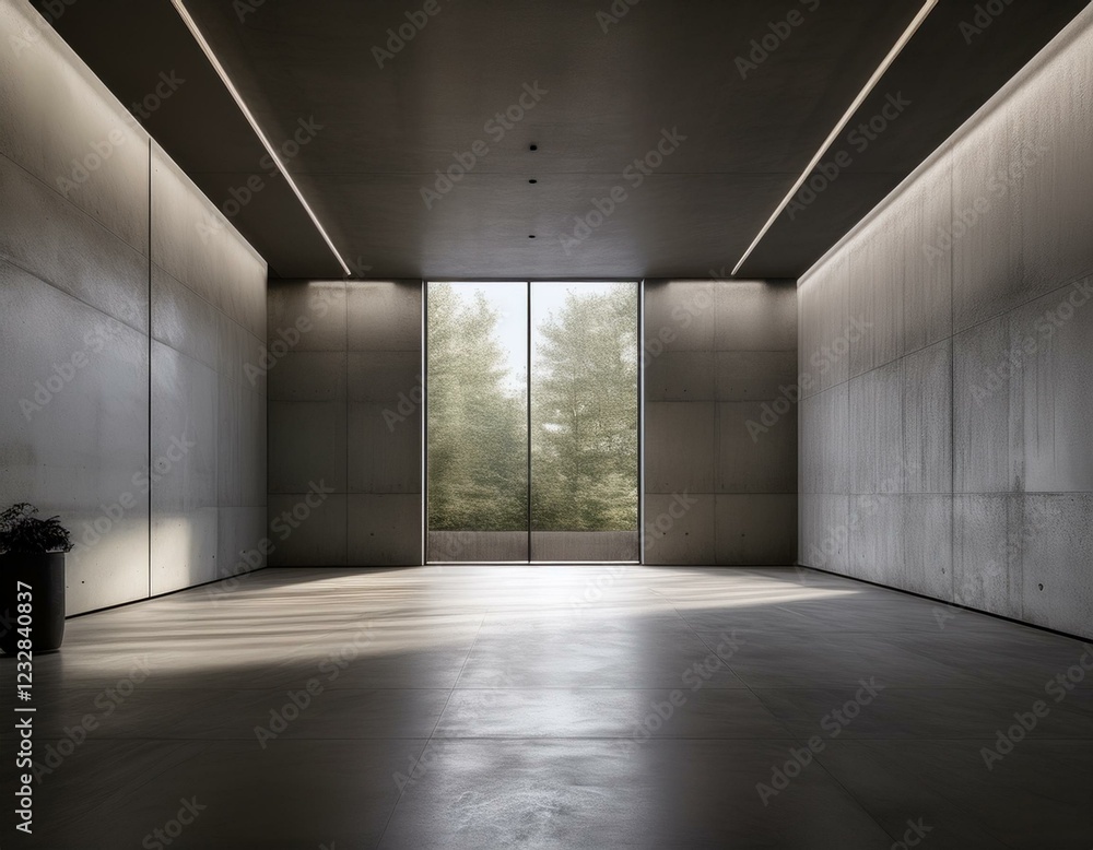 Obraz premium Immense salle vide moderne en béton avec de nombreuses colonnes et de grandes fenêtres blanches brillantes, espace de papier peint pour le rendu 3D du texte