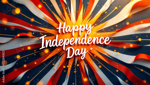 A vibrant background featuring rays of red, white, and blue colors radiating outward, with a central burst of orange. The text 