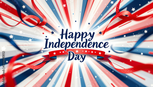 A burst of red, white, and blue rays radiating from the center, with the text 