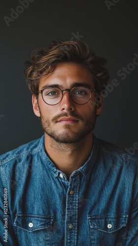 Young man with glasses wearing denim shirt, showcasing a serious expression i...