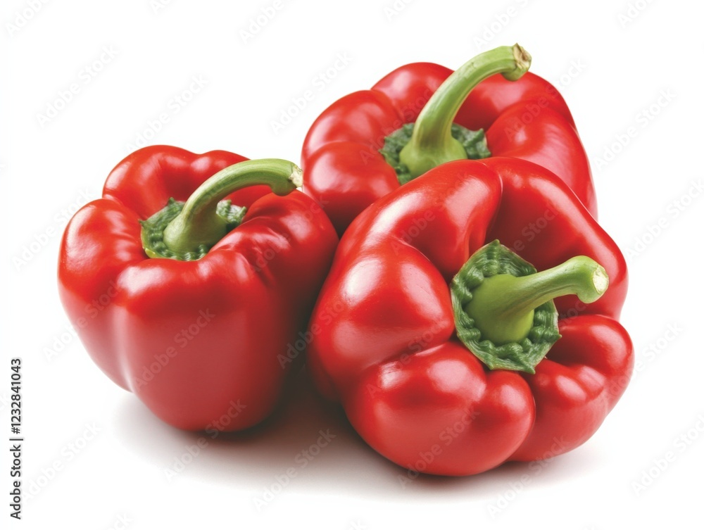 three fresh red bell peppers isolated on a white background three fresh red bell peppers isolated on a white background