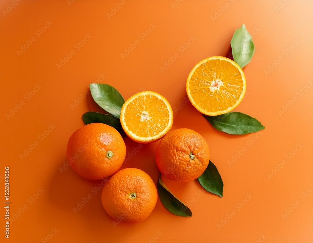 Orange entières et coupées avec des feuilles de bananier sur fond orange en ia Orange entières et coupées avec des feuilles de bananier sur fond orange en ia