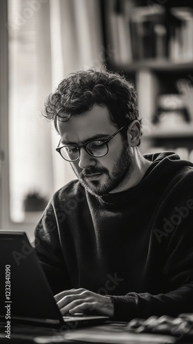 Young man working on laptop in cozy indoor space during daylight hours