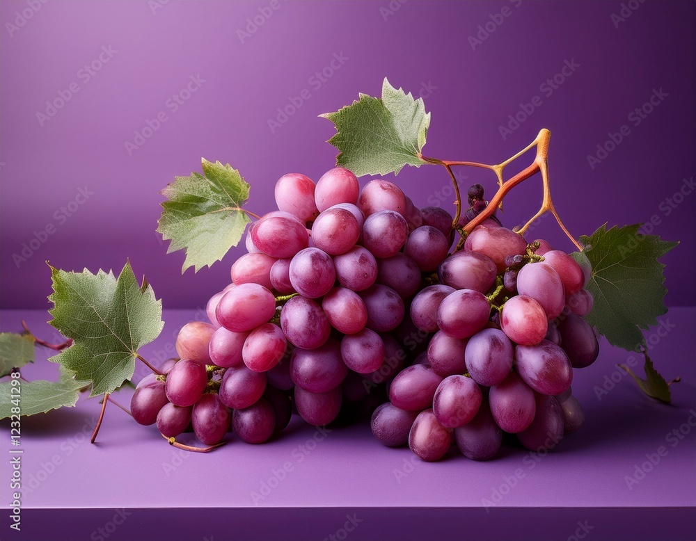 Fototapeta premium raisins rouges avec des feuilles de vigne sur fond violet en ia