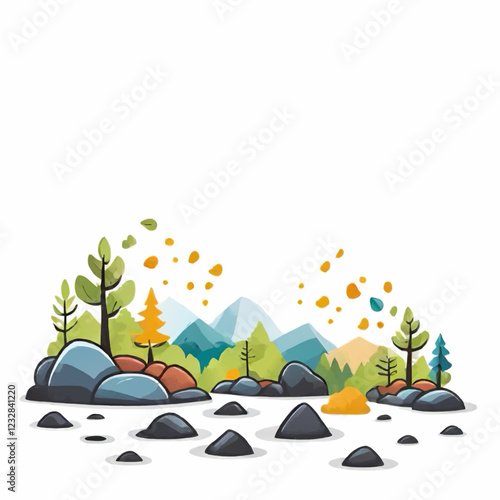landscape with rocks and trees cartoon ornament decoration vector with white upper area