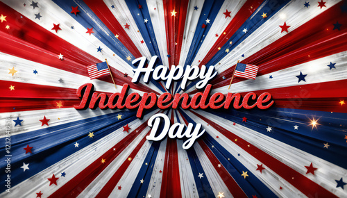 Red, white, and blue background with rays emanating from the center, featuring small stars and two American flags. The text 