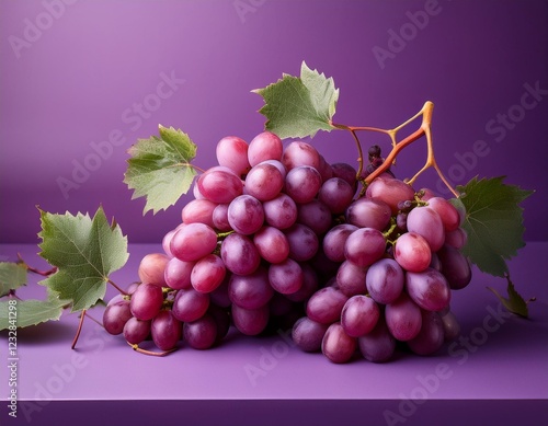 raisins rouges avec des feuilles de vigne sur fond violet en ia photo