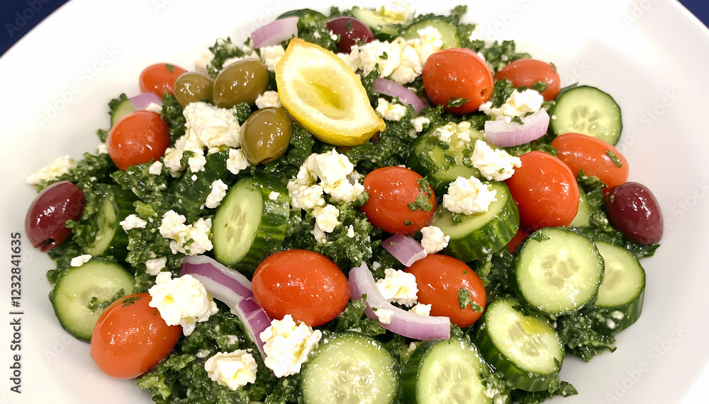 Photo: Vibrant Kale Salad with Cucumber, Tomatoes, Olives, Feta, and Lemon Photo: Vibrant Kale Salad with Cucumber, Tomatoes, Olives, Feta, and Lemon