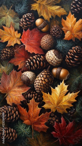 Vibrant autumn leaves and pinecones arranged on a dark background in an artis...