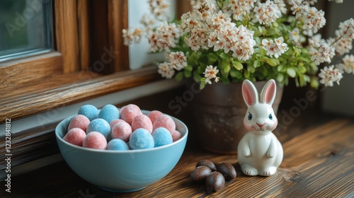 Colorful candy-filled bowl with decorative bunny and plant on wooden table in...