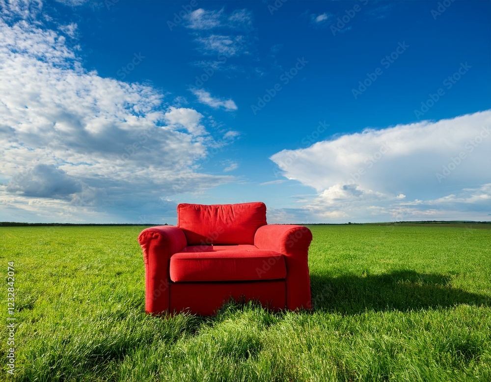 Fototapeta premium Un fauteuil rouge posé dans une prairie d'herbe verte luxuriante, sous un ciel bleu avec des nuages ​​blancs moelleux en arrière-plan en ia