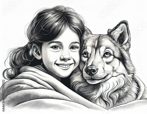 dessin d'une enfant et de son chien poilu faisant un câlin en ia, dessin au trait de crayon photo