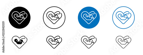 Baby in stomach icons set in black and blue colors on white background