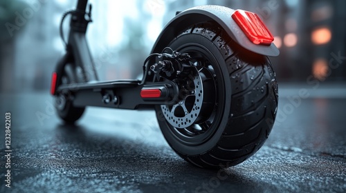 Close-up view of electric scooter wheel repair against a minimalist background