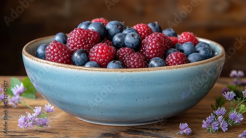 Freshly picked raspberries and blueberries in a ceramic bowl surrounded by da...