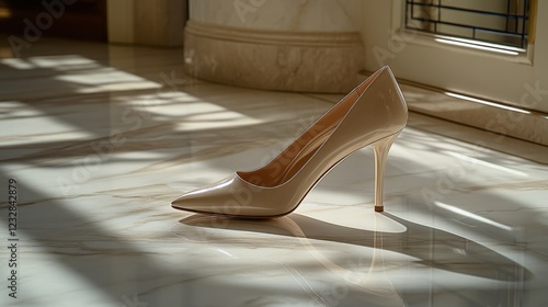 Elegant beige high heel shoe on marble floor with soft sunlight reflections i...