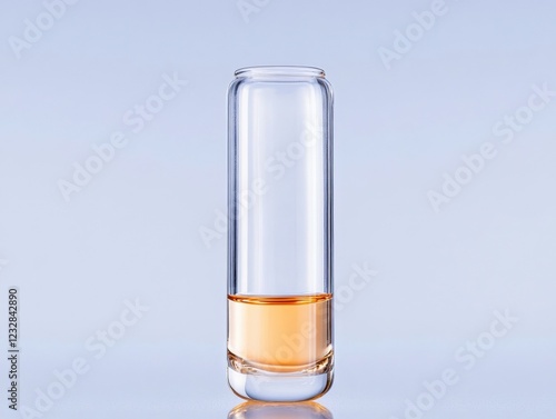 clear glass container with a small amount of orange liquid inside