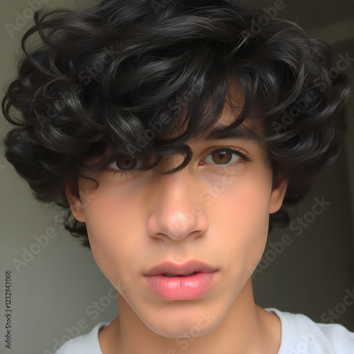 Un atractivo joven de mirada audaz y cabello rizado espectacular. photo