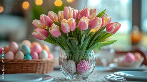 Elegant spring table setting with tulips and decorated eggs for Easter celebr...