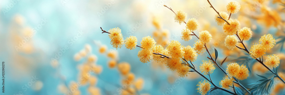 A picturesque mimosa tree flourishing with delicate yellow blossoms, its branches cascading with vibrant foliage and flowers, evoking springtime freshness, banner A picturesque mimosa tree flourishing with delicate yellow blossoms, its branches cascading with vibrant foliage and flowers, evoking springtime freshness, banner