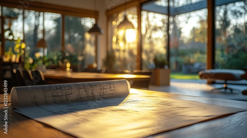 Blueprint on wooden table with warm sunlight illuminating a creative workspace