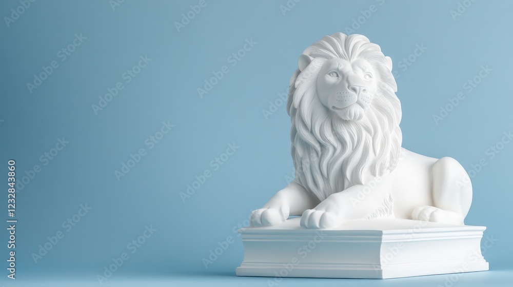 white lion statue on a pedestal against a light blue background white lion statue on a pedestal against a light blue background